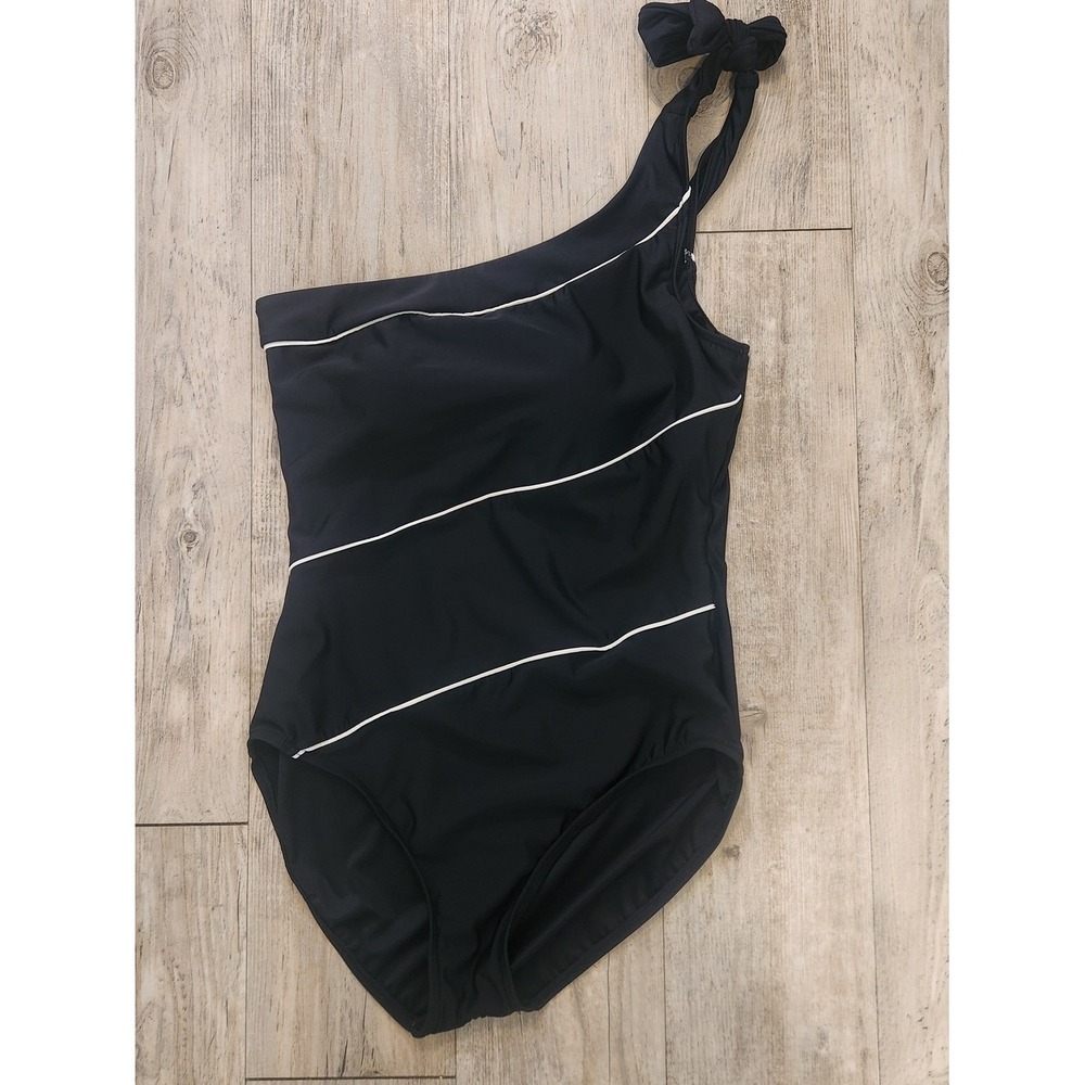 Talbots Womens Black One-Shoulder One-Piece Swimsuit White Piping Size 10